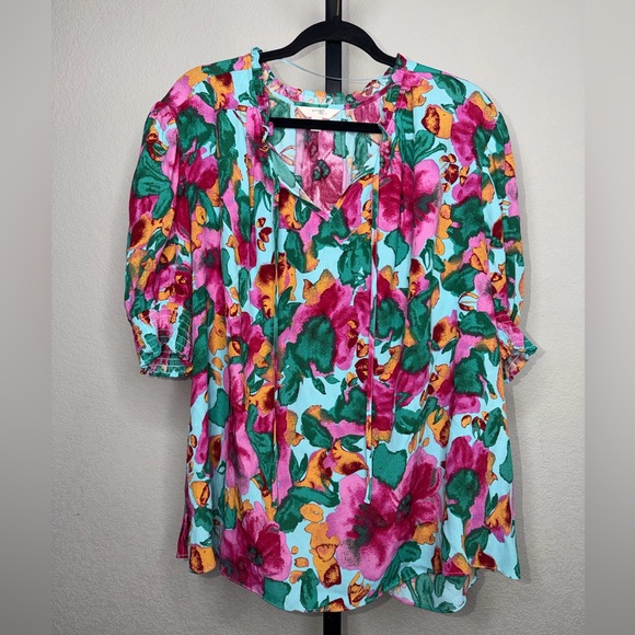 Terra & Sky Tops - Terra & Sky Vibrant Floral Blouse - Pink, Green, Orange